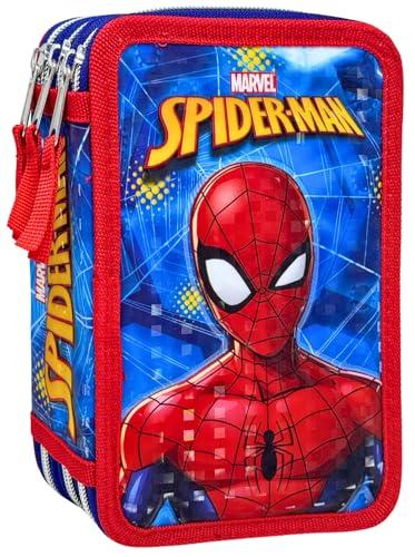 Clondo Astuccio 3D 3 Scomparti Bambini, Per Spiderman Fan A, Triplo Riempito, 44 Accessori Scuola Elementare, 3 Zip, 20cm, Riga, Pastelli, Pennarelli