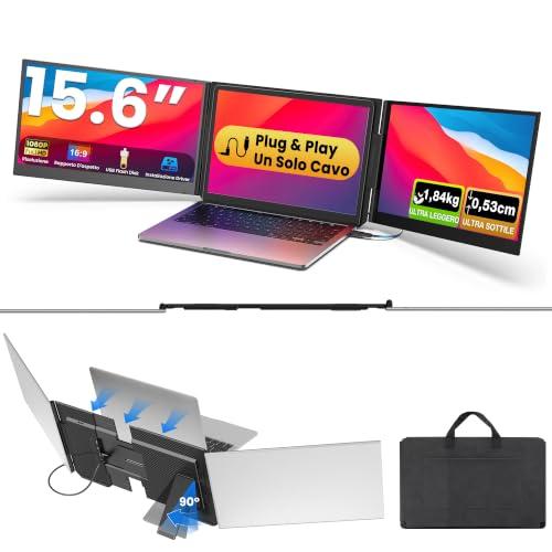 Kwumsy Monitor Portatile 15,6 Pollici – Triplo Schermo per Laptop FHD 1080P IPS, Ultrasottile Monitor Portatile, USB-C Plug & Play con un Solo Cavo, Compatibile Mac/Wins (Fino a 17,3
