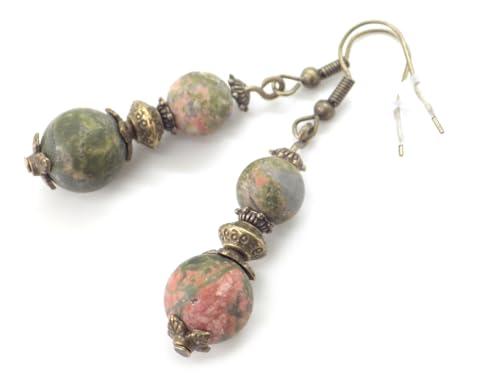Orecchini in perline di Unakite verde e perle in bronzo antico