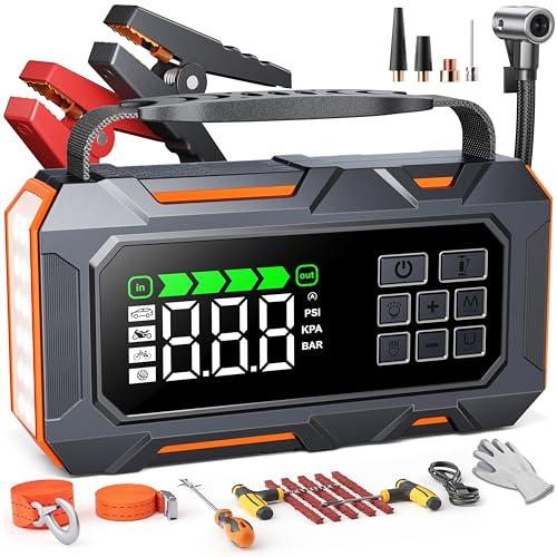 TREKURE 14-in-1 Booster Avviamento Auto da 6500A e Compressore 160PSI, Avviatore Emergenza per Auto Con Guasto Car Kit, Traino Corda, Guanti E Luci, Avviatore Batteria per Tutti Gas o 12L Diesel