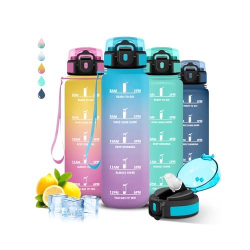 Grsta Borraccia 1 litro, con Cannuccia, Senza Perdite, Borraccia Motivazionale, Facile da Pulire, con Orari per Bere, Con Chiusura di Sicurezza, per Fitness, Campeggio, Yoga, Escursioni
