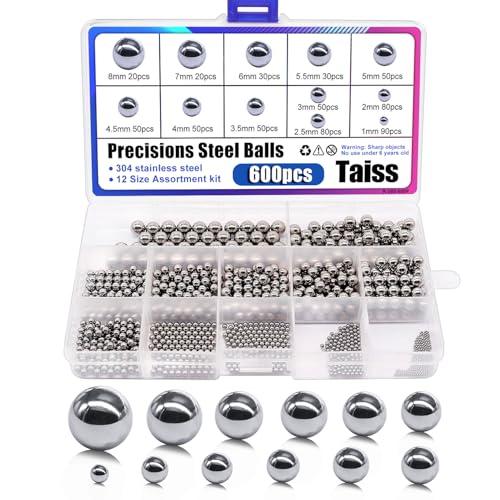 Taiss 600pcs 12size 1-8mm sfere acciaio, sfere acciaio per cuscinetti, sfere dell'acciaio inossidabile per le sfere d'acciaio di precisione della ruota della bicicletta di montagna