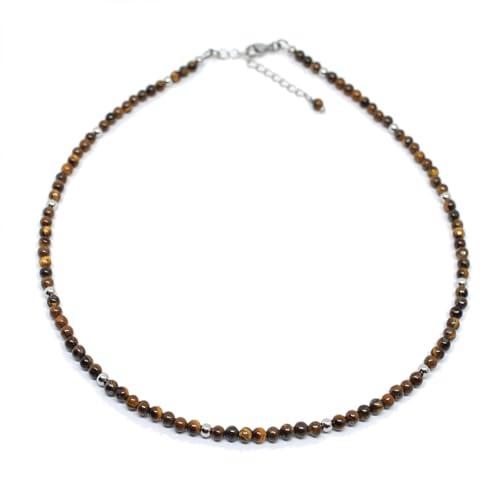 Collana uomo con perle di occhio di tigre da 4 mm e perle acciaio