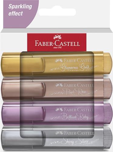 Faber-Castell 254674 Set di 4 Evidenziatori Metallizzati, Punta a Scalpello di Precisione, Set Evidenziatori Colorati, Design Ergonomico Piatto