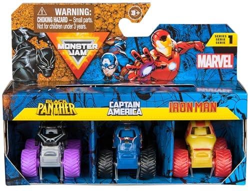 MONSTER JAM, Confezione da 3 Mini Veicoli Monster Truck Marvel, Monster Truck Die-Cast di Black Panther, Captain America, Iron Man, in Scala 1:87, Giocattoli per Bambini dai 3 Anni in su
