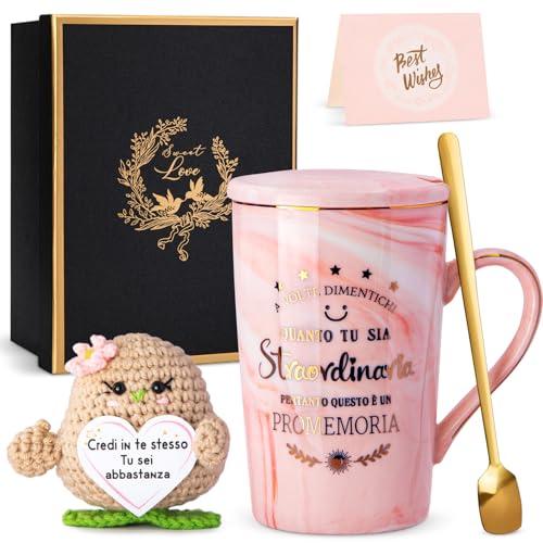 Regalo Donna Compleanno, Bambola di Patata Positiva Motivazionale, Tazza Ceramica da 400ml Marmo Rosa Stampa Dorata, Portafortuna Gadget Scrivania Carino, Natale Regali per Lei, Confezione Elegante