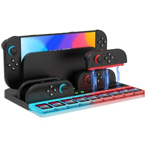 Zhwidnerso Caricatore Joycon per Nintendo Switch 2, Stazione di Ricarica per Controller Switch 2 con 7 Luci RGB/9 Memorizzazione Della Scheda di Gioco, Compatibile con 4 Joy Con