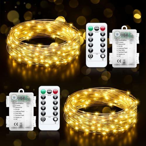 Luci Led a Batteria, 2 Pezzi 5M 50 Led Rame Filo Catene Luminose Lucine Fata Luci con Telecomando e Timer, 8 Modalità Impermeabile Bianco Caldo Luci per Natale per Letto Camera, Feste, Matrimoni
