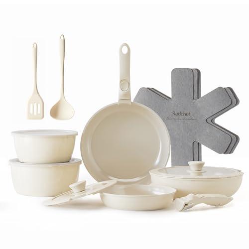 Redchef Set di pentole da 16 pezzi, antiaderente in ceramica, con manici rimovibili, padella da 20/26 cm, padella da 26 cm, pentola da 18/20 cm, impilabile per tutti i piani cottura, adatto al forno