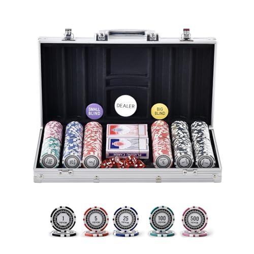 VEVOR Set di Fiches da Poker, Set da Poker 300 pezzi, Set Completo Fiches da Carte da Giochi con Valigetta in Alluminio, Fiches da Poker 11,5 Grammi, Carte, Bottoni Dadi per Texas Hold'em, Blackjack