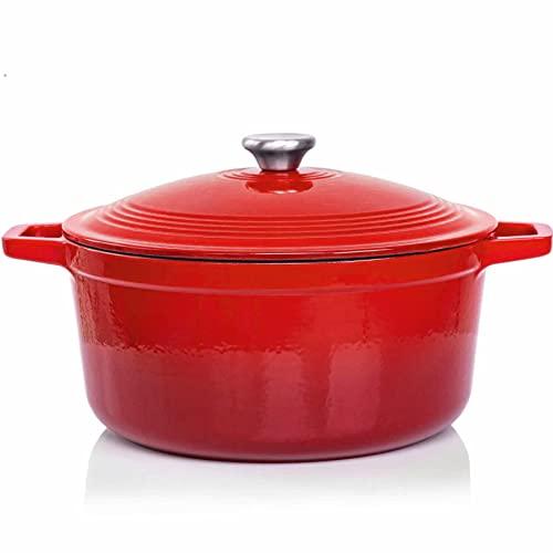 Casseruola in Ghisa Smaltata VeoHome Rosso 6L Ø28cm, Cocotte Ultra Resistente, Pentola Compatibile Induzione/Gas/Forno, Cottura Omogenea, Fornello Sapori Autentici, Coperchio a Rilievo