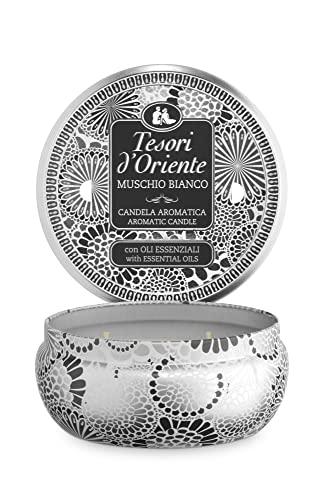 Tesori d'Oriente - Candela Profumata Muschio Bianco, dalle Note Muschiate e Ambrate, con Cere di Alta Qualità e Oli Essenziali, 2 Stoppini, 200gr