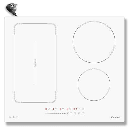Karienvir Piano Cottura Induzione 4 Fuochi Bianco con Spina, Piano cottura a induzione 60 cm con Flex Zona, Blocco di sicurezza, Pausa, Booster, Timer di 99 minuti, 3500 W