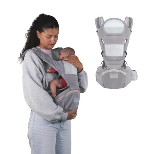Mobiclinic® kids, Marsupio neonato, 6 in 1, Moley, Ergonomico, Multiposizione, 0-36 mesi, Pieghevole, Tasca con cerniera, Portabiberon, Cotone premium morbido, Per neonati e bambini (grigio)
