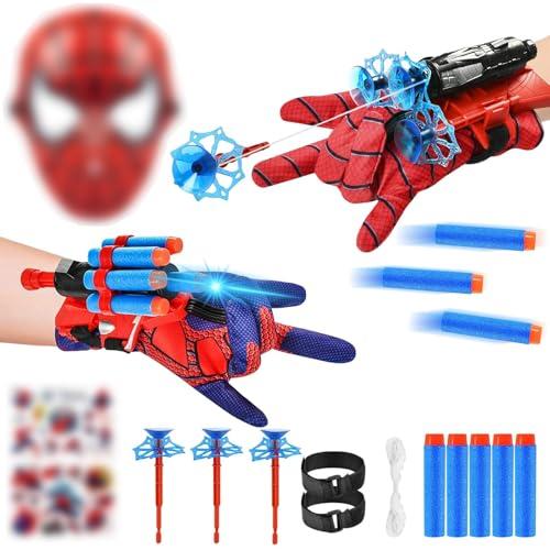 NHYDZSZ Set di 2 Guanti Spiderm per Bambino, Giochi Spiderm con Launcher e Maschera, Giocattolo da Polso, Spara Ragnatele Cosplay, Regalo Eroe per Feste e Compleanni, Giochi Bambini 3-10 Anni