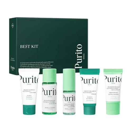 PURITO SEOUL Best Kit per la cura della pelle con detergente e crema al pantenolo, siero e toner alla centella inodore, per tutti i tipi di pelle, set regalo, per viso, siero viso, K-Beauty, 104 ml