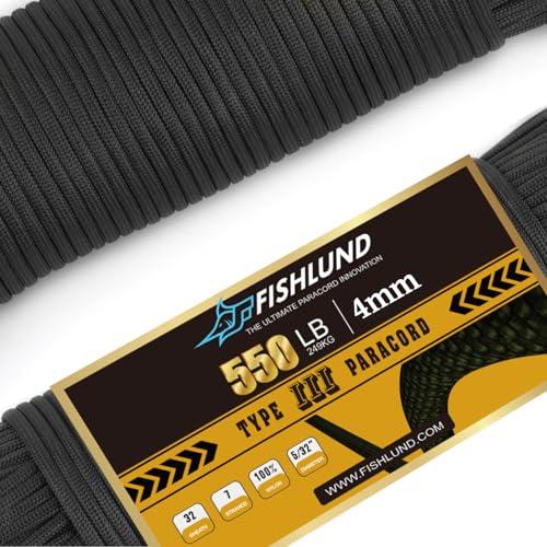 FISHLUND Paracord 550 libbre, corda Paracord tipo III a 7 fili da 100 piedi, 4 mm, corda da paracadute in nylon per campeggio, Nera