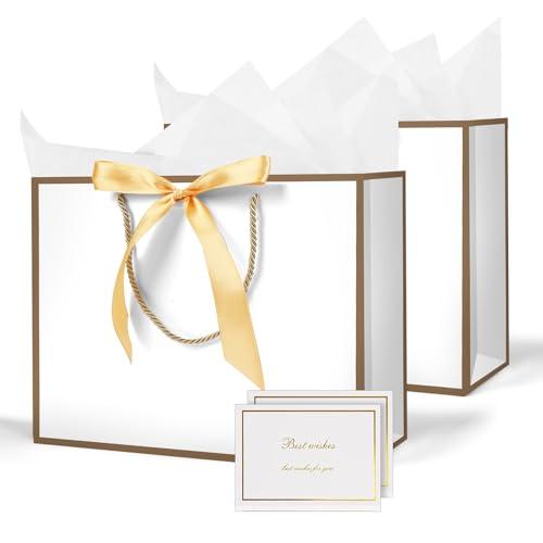 AMFUN 2 sacchetti regalo bianchi medi, in carta, con 4 involucri e 2 biglietti, sacchetti regalo con manici, sacchetti di carta bianca per donne, San Valentino, ragazze, damigella d'onore, compleanno