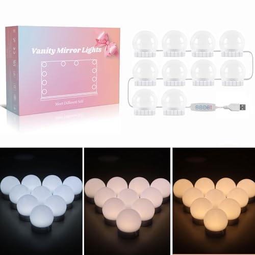 Akynite Luci da Specchio 10 Lampadine Stile Hollywood, Filo Perfettamente Nascosti, 3 Colori e 10 Intensità Regolabile, Lampadina Specchio Trucco Adesive, Make Up Luci a LED per Cornice Specchio