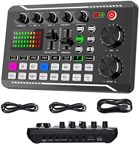 ALLWIN Scheda audio live e interfaccia audio con effetti mixer DJ e cambia vocale, mixer audio stereo Bluetooth F998, per streaming live Youtube, PC, studio di registrazione (Live Sound Card)