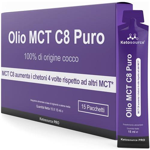 Ketosource Pacchetti di Olio MCT C8 Puro | Produce 4 volte chetoni rispetto ad altri oli MCT | Massima purezza superiore al 99% | 100% cocco | Supporta cheto e digiuno | Scatola da 15 porzioni da 15ml