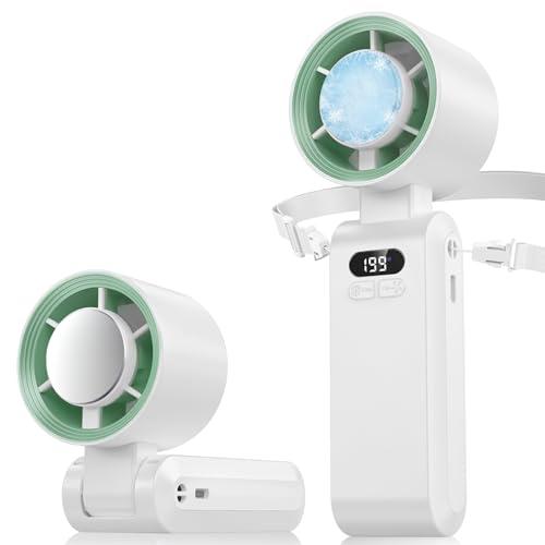 PTHTECHUS Mini ventilatore portatile a mano,Funzione di raffreddamento,5000 mAh,Flusso d'aria potente di 10 m/s(1-199 velocità),Ventilatore da collo pieghevole USB per campeggio,Viaggi,Casa,Ufficio