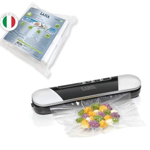 Laica Macchina per Sottovuoto VT3205, 9 L/Min, Compatta, Base con Magneti, Plastica + Laica FrescoPiù VT3513 4 Rotoli per sottovuoto per Alimenti 20x600 cm, PA/PE, Trasparente