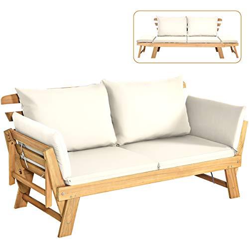 COSTWAY Divano Letto 2 Posti da Esterno in Legno di Acacia con Braccioli Regolabili, Sdraio da Giardino con Cuscini, Chaise longue Pieghevole per Giardino, Piscina, Cortile (Bianco)