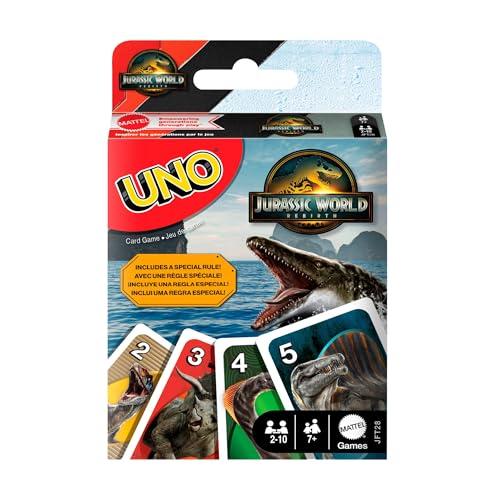 Mattel Games UNO Jurassic World La Rinascita gioco di carte per bambini, adulti e serate in famiglia, mazzo con regole speciali e immagini ispirate al film, JFT28