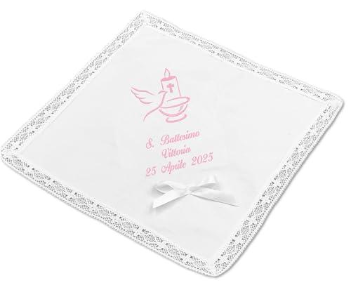 Fazzoletto Battesimo bimbo bimba personalizzato con ricamo nome e data 100% cotone Made in Italy (con fiocco, rosa)