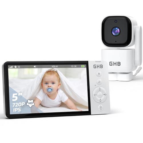 GHB Baby Monitor Video e Audio 5'', 350° Telecamera Rotante 720HD IPS Schermo, 5000mAh, Monitoraggio Temperatura, Visione Notturna, Audio Bidirezionale, VOX, Ninne Nanne