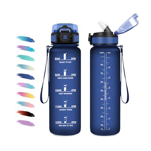Borraccia 1L, Motivazionale Borraccia con Cannuccia, Facile da Aprire, a Prova di Perdite, Bottiglia Acqua con Indicatore del Tempo, Sportiva Bottiglia per Adulto, Campeggio, Ufficio, Lavoro