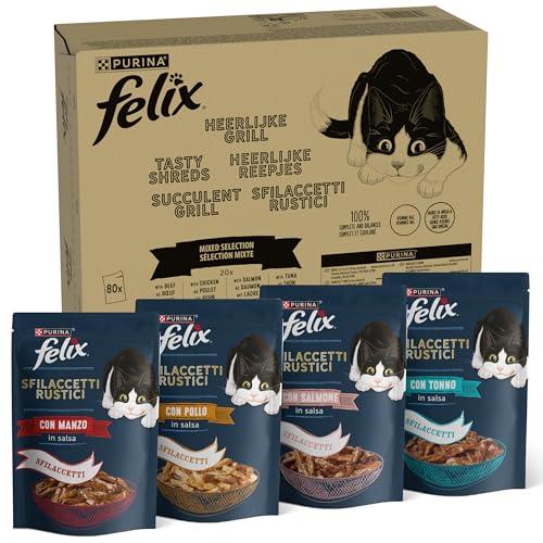 Felix Purina Sfilaccetti Rustici Cibo Umido per Gatti con Manzo, Pollo, Salmone, Tonno, 80 buste da 80g