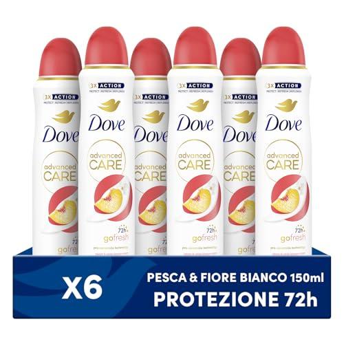 Dove Deodorante Spray Advanced Care Go Fresh Pesca, con Formula Idratante e Delicata sulla Pelle, Senza Alcol, Pelle Asciutta Fino a 72 Ore, Deodorante Uomo e Donna, 6 Pezzi da 150ml