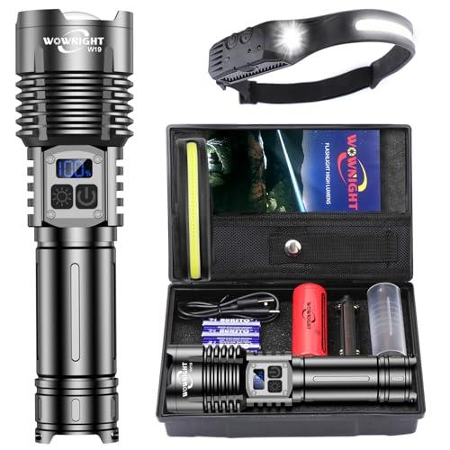 WOWNIGHT Torcia LED Potente Professionale 500,000 Lumens, 50W 2 Interruttori Torcia LED Ricaricabile, IPX6 Torcia Potente Tattica Militare, Infinitamente Dimmerabile Per Campeggio Trekking Emergenza