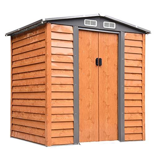 Outsunny Casetta da Giardino 2.68m² in Acciaio Zincato con Fori di Drenaggio Prese d'Aria, Capanno Porta Attrezzi con Tetto Inclinato, Doppie Porte Scorrevoli Bloccabili, Design Effetto Legno, Marrone