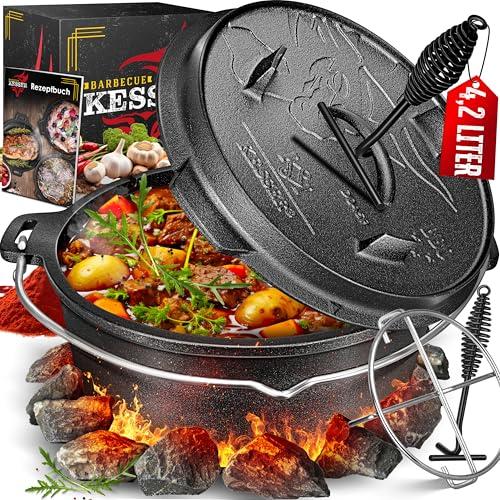 KESSER® Set forno olandese, Casseruola per barbecue, pentola in ghisa con manico per sollevare il coperchio e fessura per termometro, per barbecue, pentola per gulasch, uso esterno e interno