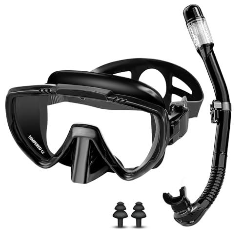 Vasmeiy Set per Snorkeling Adulti con Maschera e Boccaglio, Occhialini da Sub panoramici a 180°, Maschera da Snorkeling Antiappannamento e Anti-Perdite, per immersioni, snorkeling, nuoto (Nero)