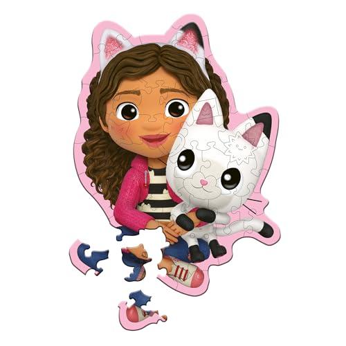 Trefl – Puzzle in Legno Originali: Gabby's Dollhouse, Gabby e il suo Gatto – 50 Pezzi, Wood Craft Junior, Forme irregolari, 10 figure, puzzle moderno, divertente per bambini dai 5 anni