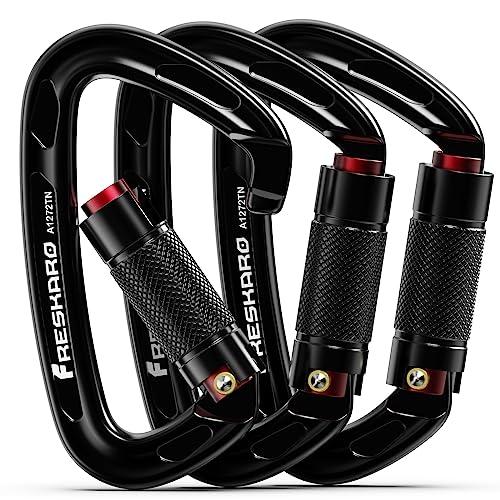 FresKaro Moschettone Arrampicata 25kN, Moschettoni Portachiavi Alluminio, Autobloccanti Twist Lock, UIAA e CE Certificato, Professionali Sicura Ganci, Per Roccia, Alpinismo, 3Pezzi, Grandi, Nero