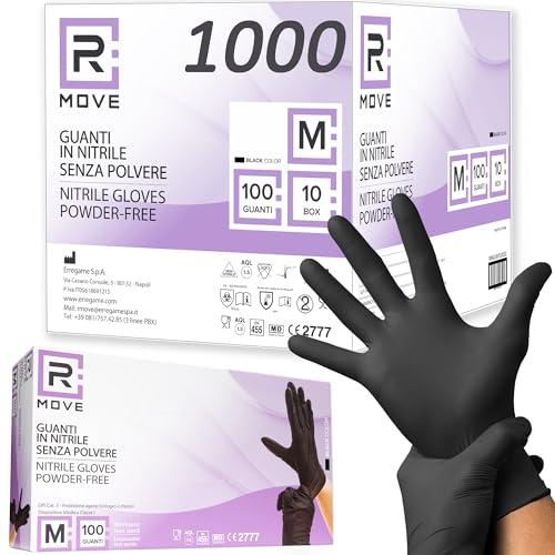 RMOVE 1000 guanti in Nitrile Neri M senza polvere, senza lattice, ipoallergenici, 10 box da 100 guanti monouso per Estetisti, Tatuatori, Ambiti Medici