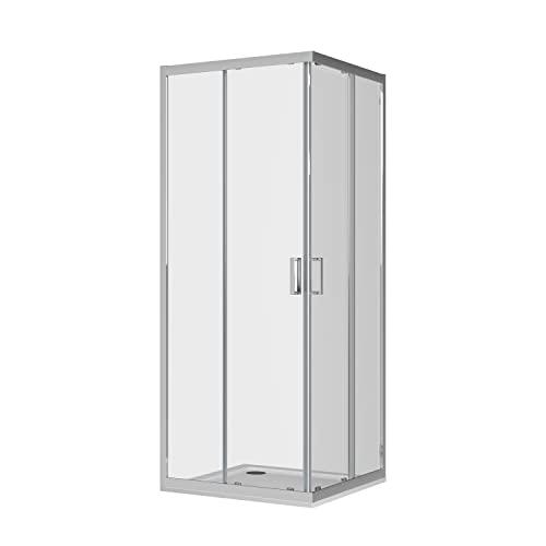 Box Doccia Angolare Mod. Java 80x80cm Apertura Scorrevole Vetro Temperato 6mm Trasparente Profili in Alluminio Cromato Flat Design 16 Carrelli Scorrevoli Maniglia in ABS Cromato