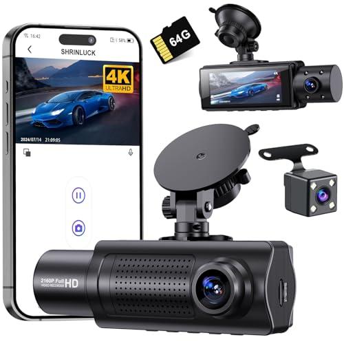 SHRINLUCK X5 4K WiFi 3-Canali Dash Cam Auto, 2160P+1080P+1080P FHD Tripla Dashcam Auto,Telecamera Auto 360° su tutti i lati, Scheda SD 64G Gratuita, G-Sensor,WDR,Visione Notturna,Monitor di Parcheggio