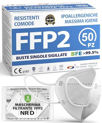 ADESTE - 50 Mascherine FFP2 NR D Bianche Certificate CE, Filiera controllata, anallergiche, con elastici comodi e resistenti. Sicura: capacità filtrante >99,5%, Buste singole sigillate