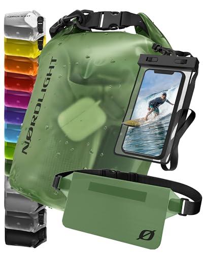 Nordlight Dry Bag Sacca Impermeabile con Custodia Per Cellulare e Marsupio (10L, Verde Scuro) Zaino, Sacca Stagna Borsa Impermeabile - Spiaggia, Canoa, Stand Up Paddling, Immersioni