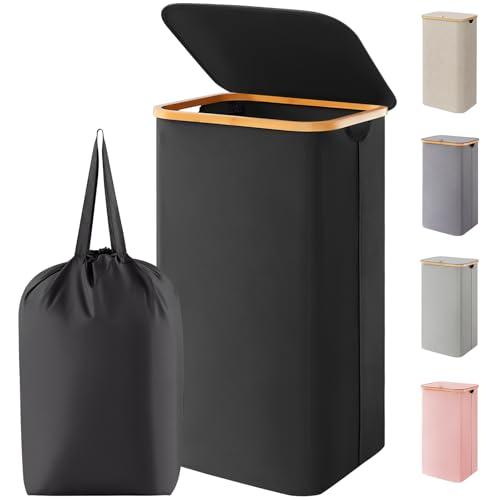 Lifewit Cesta Portabiancheria 100 L con Coperchio, Grande Cesto Biancheria Pieghevole in Bambù con Sacco Interno, Portabiancheria Salvaspazio, Laundry Basket per Camera da Letto, Bagno, Nero