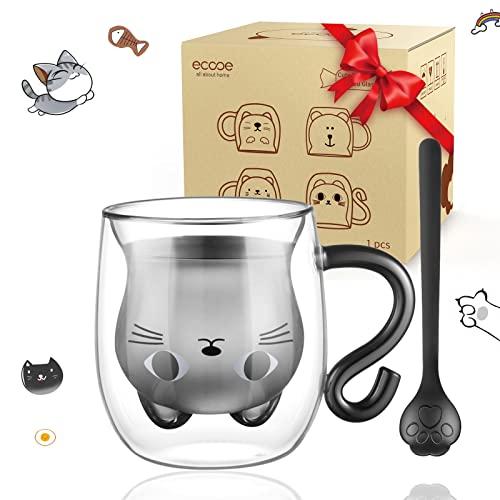 ecooe Simpatico Tazza Gatto Doppia Parete 290ml da Caffè Cappuccino Latte Macchiato con Manico Cucchiaio Bicchiere Vetro Borosilicato Trasparente