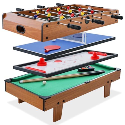 GYMAX Tavolo Multigioco 4 in 1, Calcetto Balilla da Tavolo, Hockey e Ping Pong, in Legno, con Accessori, per Bambini e Adulti