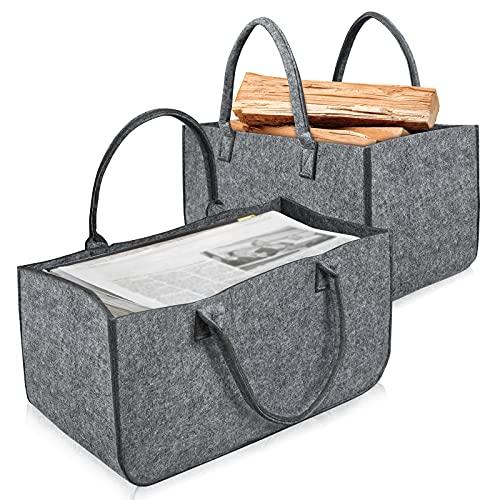 Aufun Borsa in feltro, 2 pezzi Borsa portalegna Cesta con Manico Pieghevole, borse in feltro per la spesa, Cesta per Legna per la conservazione di legno, giornali (50 x 25 x 25 cm, Grigio Chiaro)