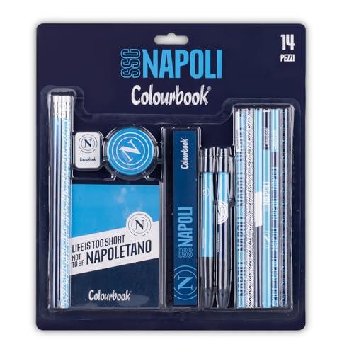Colourbook - SSC Napoli Set Cancelleria 14 Pezzi, Licenza Ufficiale, Include 2 Matite, 2 Penne, 6 Matite Colorate, Gomma, Temperamatite, Righello, Block Notes